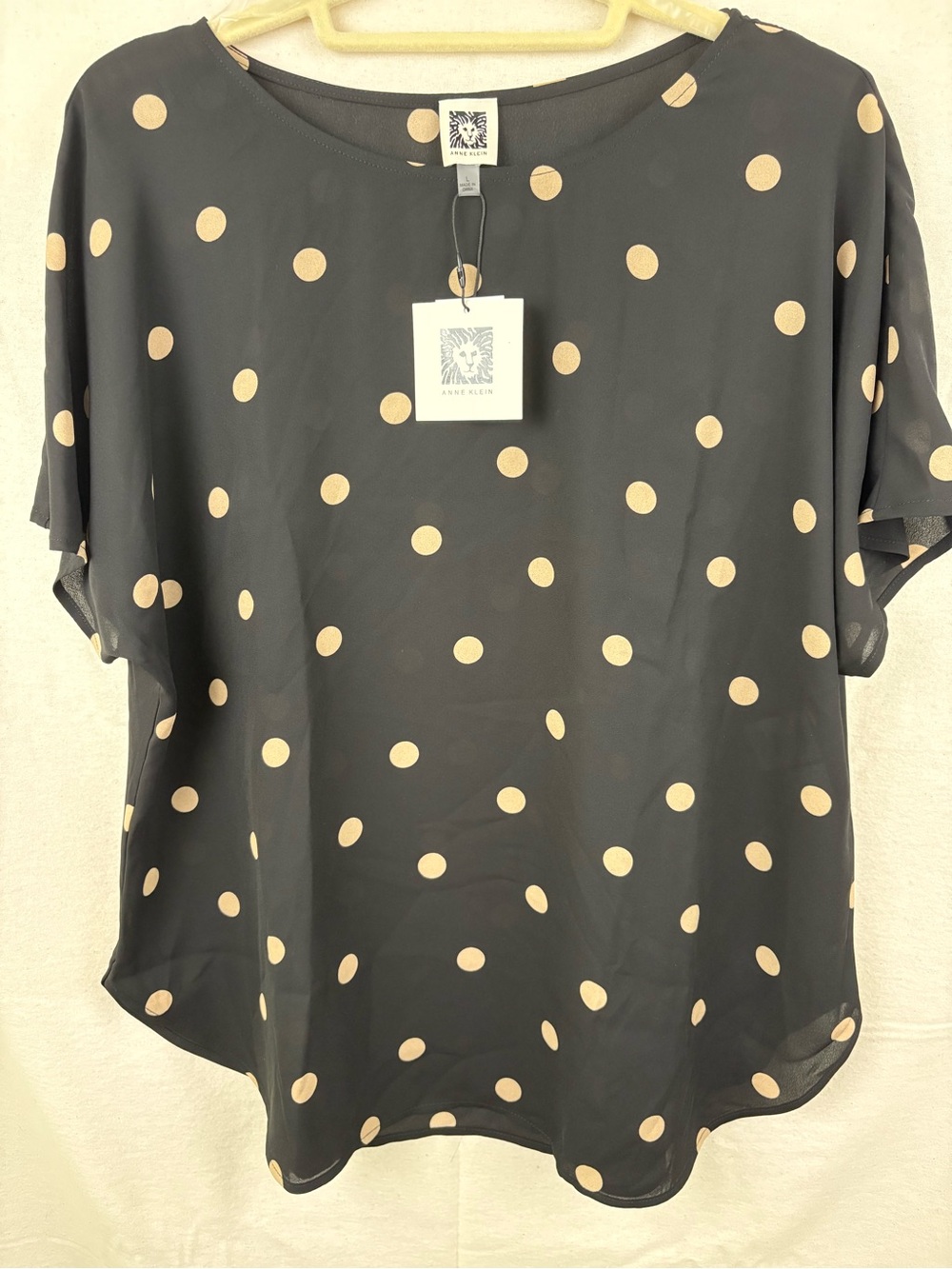 Anne Klein Black Short Sleeve Blouse with Beige Polka Dots - Picture 3 of 5